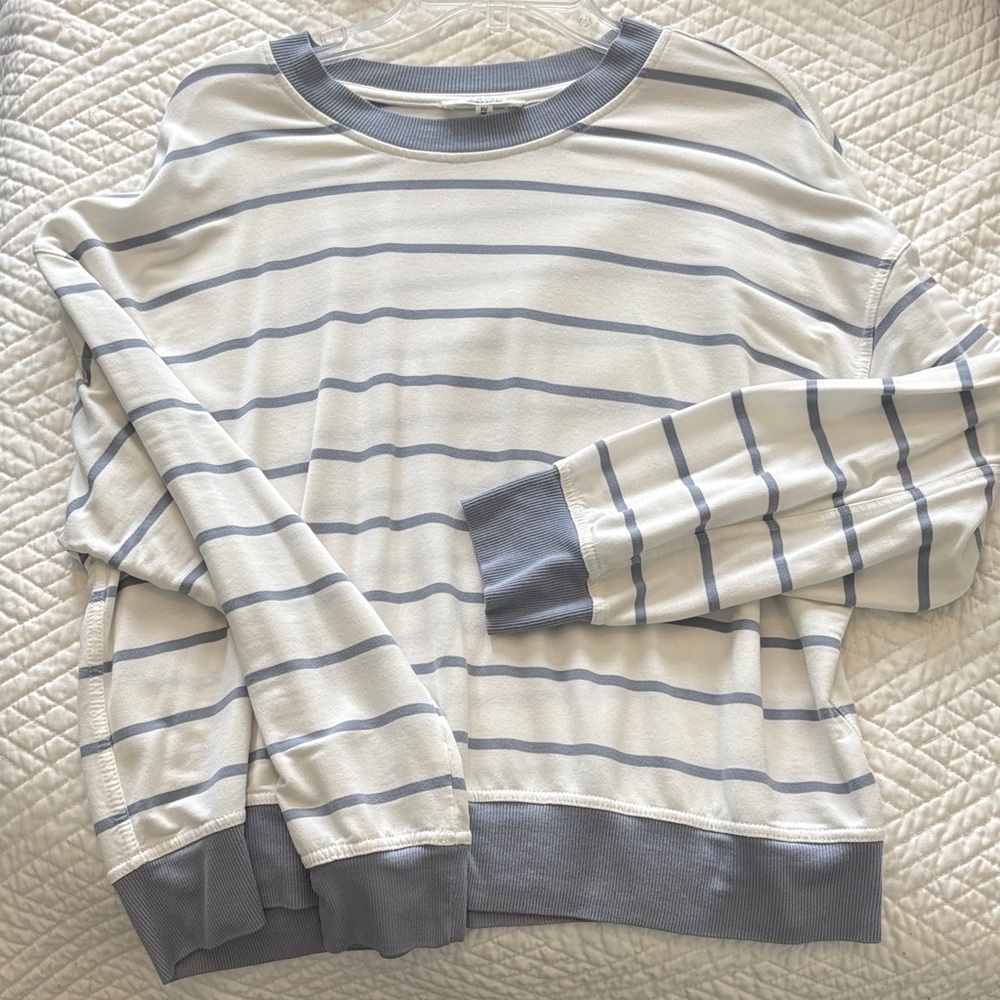 Workshop Striped White and Dusty Blue Lightweight Long Sleeve Top
